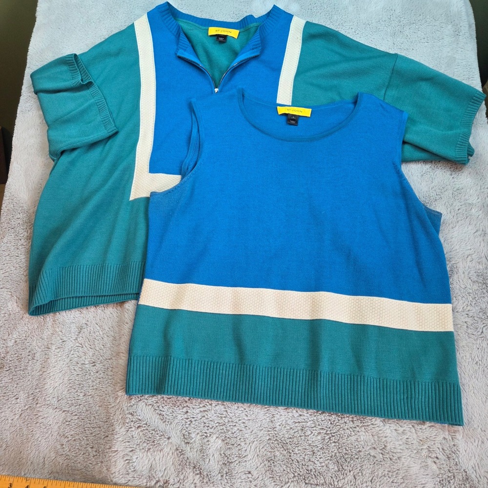 St. John Wool Blend Twin Set Womens XL Colorblock Zip Cardigan & Shell Blue Teal